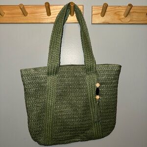 Boho Woven Beach Style Tote Bag With Tassel (Green)